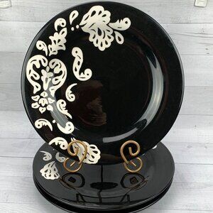 Laura Gates Ware LAG44 Smooth Black White Scrolls Stoneware Dinner Plate Set 3